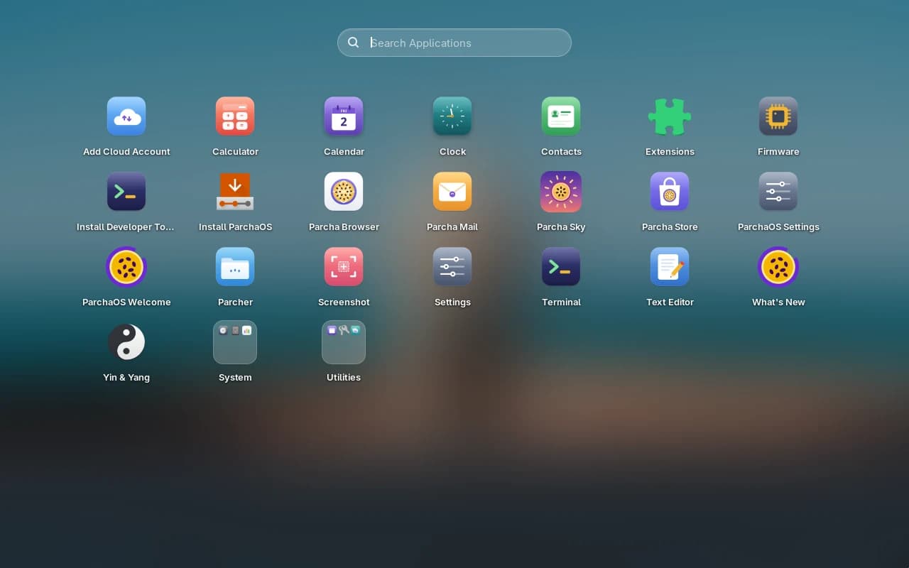 The ParchaOS app launcher, a grid of app icons over the blurred wallpaper.