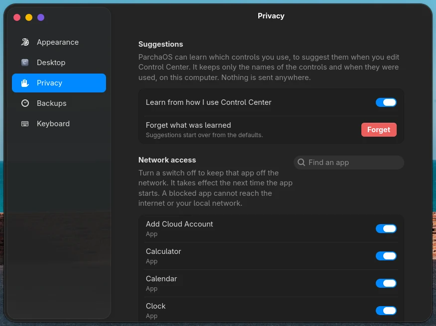 ParchaOS Settings, Privacy page: a list of apps, each with a network switch.